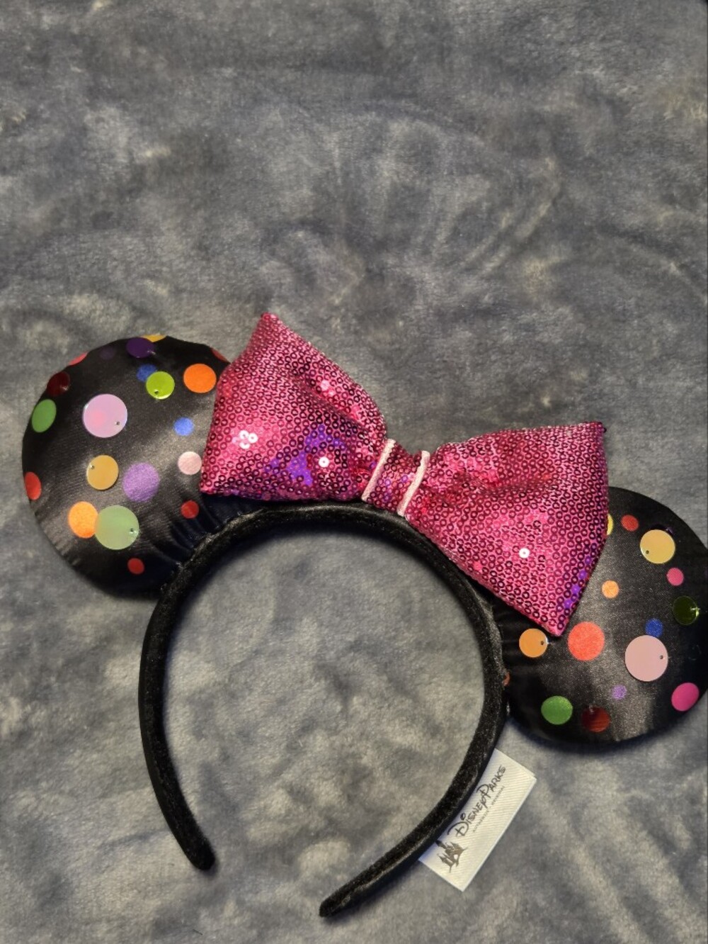 Disney Black Minnie Ears Headband with Pink Sequin Bow and Multicolor Dots